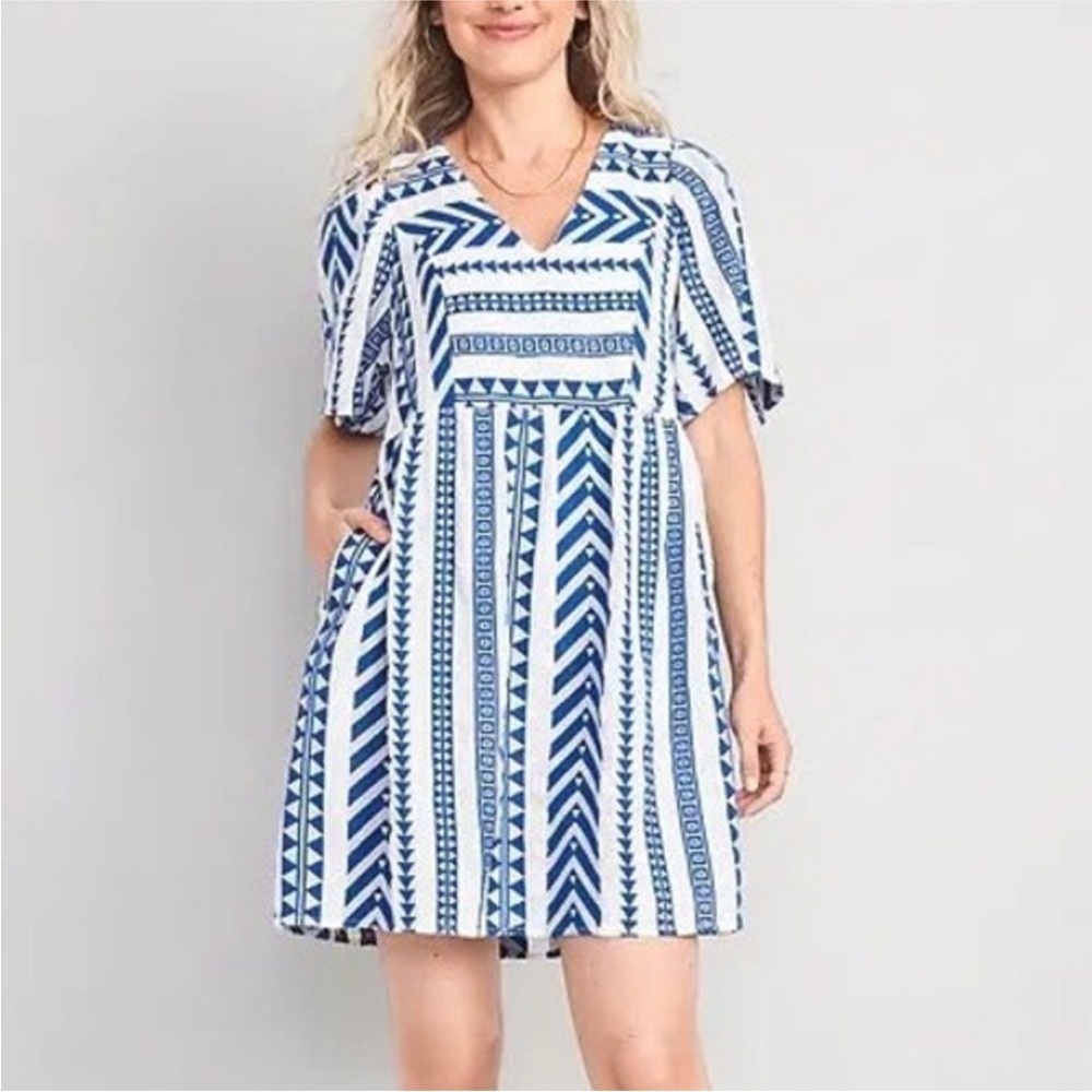Old Navy Viral V-Neck Mini Swing Dress Blue Embroidered Tanzanite Size XL